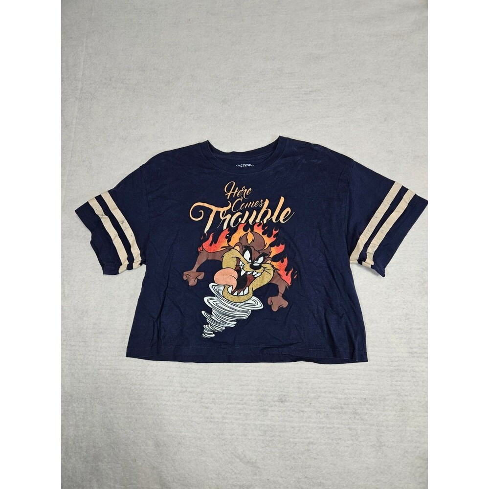 Taz Large Here Comes Trouble Looney Tunes Ladies Crop T Shirt Tasmanian Devil